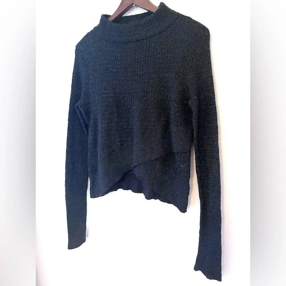 Free People Sweater Mock Neck Cross Front Linen/Cotton Knit Small Slate Blue